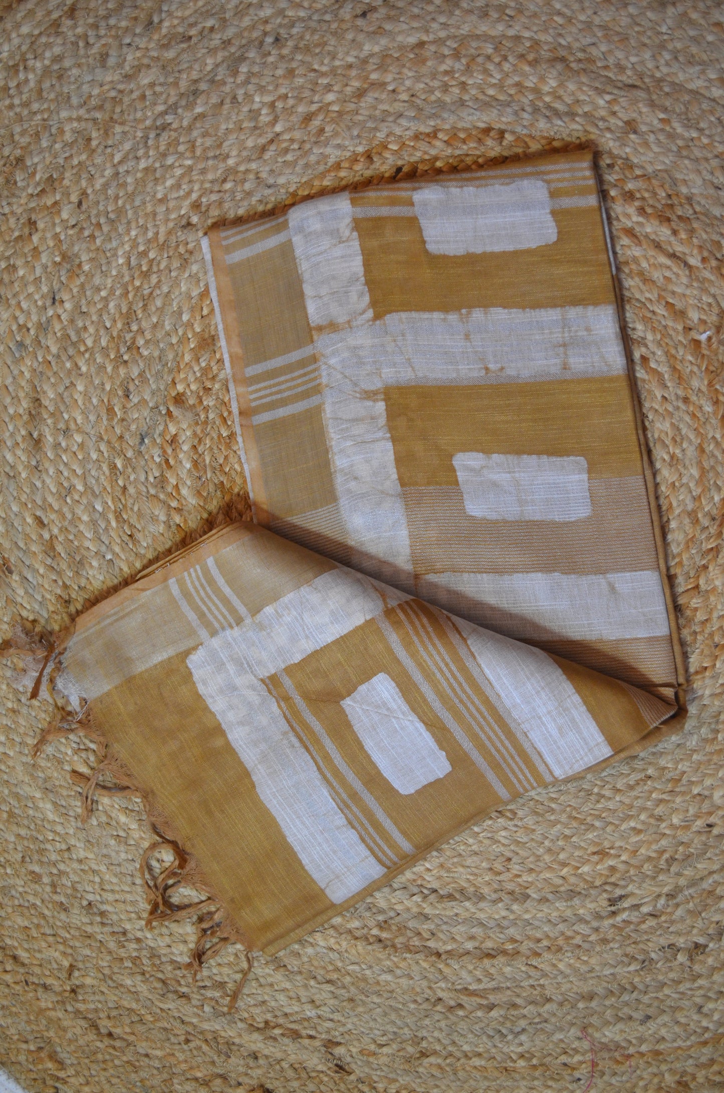 Dark Beige Bagru Linen Handloom Saree