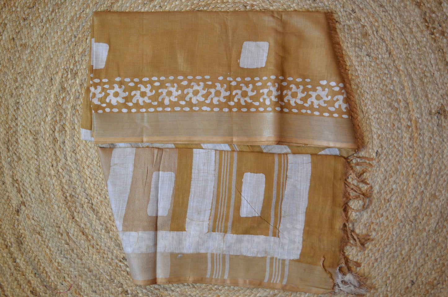Dark Beige Bagru Linen Handloom Saree