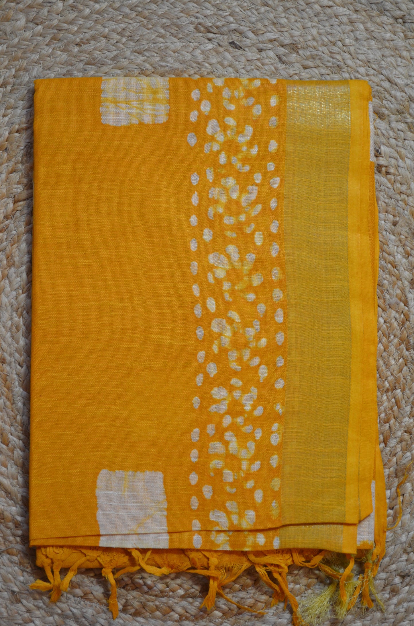 Yellow Bagru Linen Handloom Saree