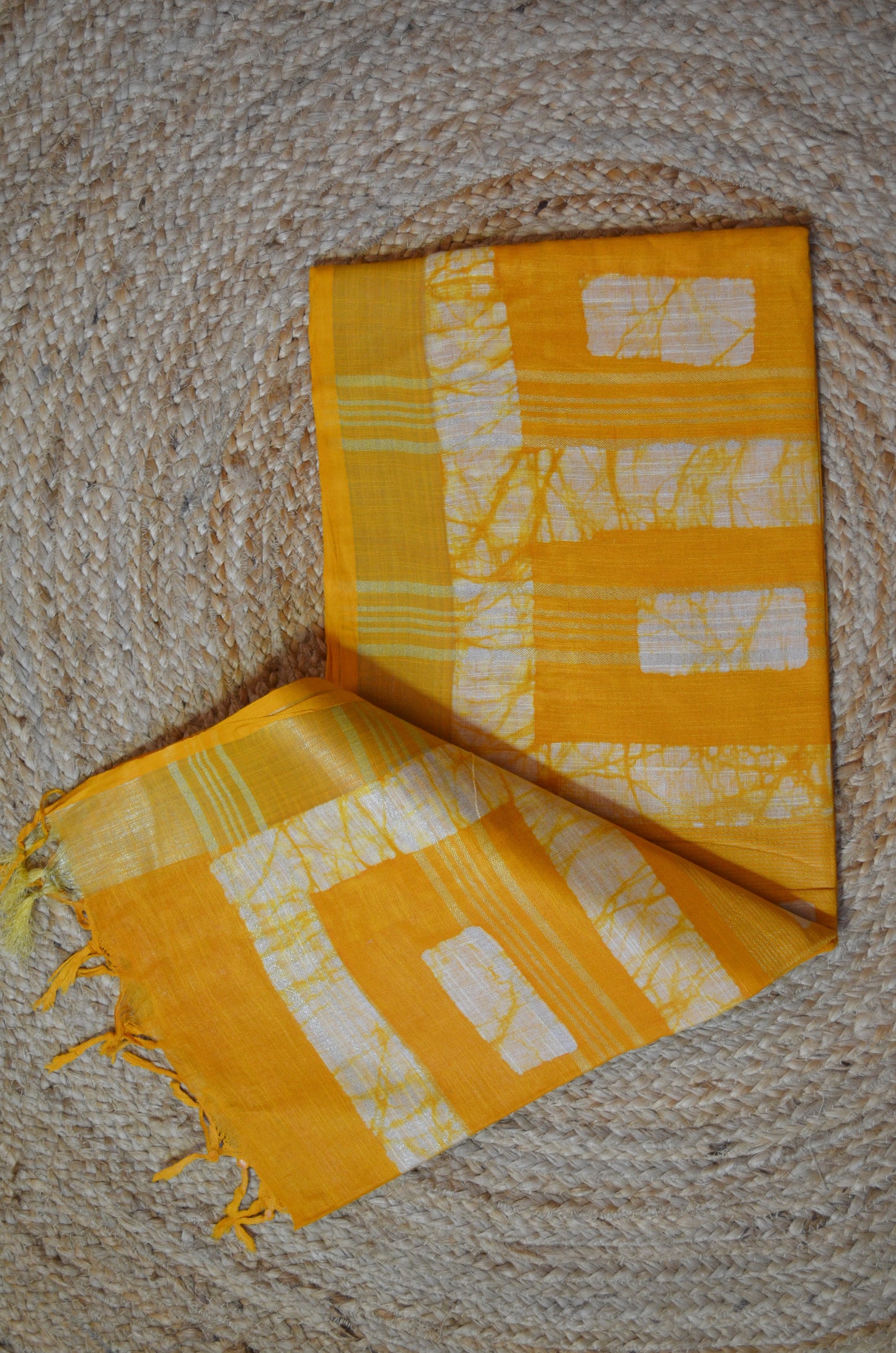 Yellow Bagru Linen Handloom Saree