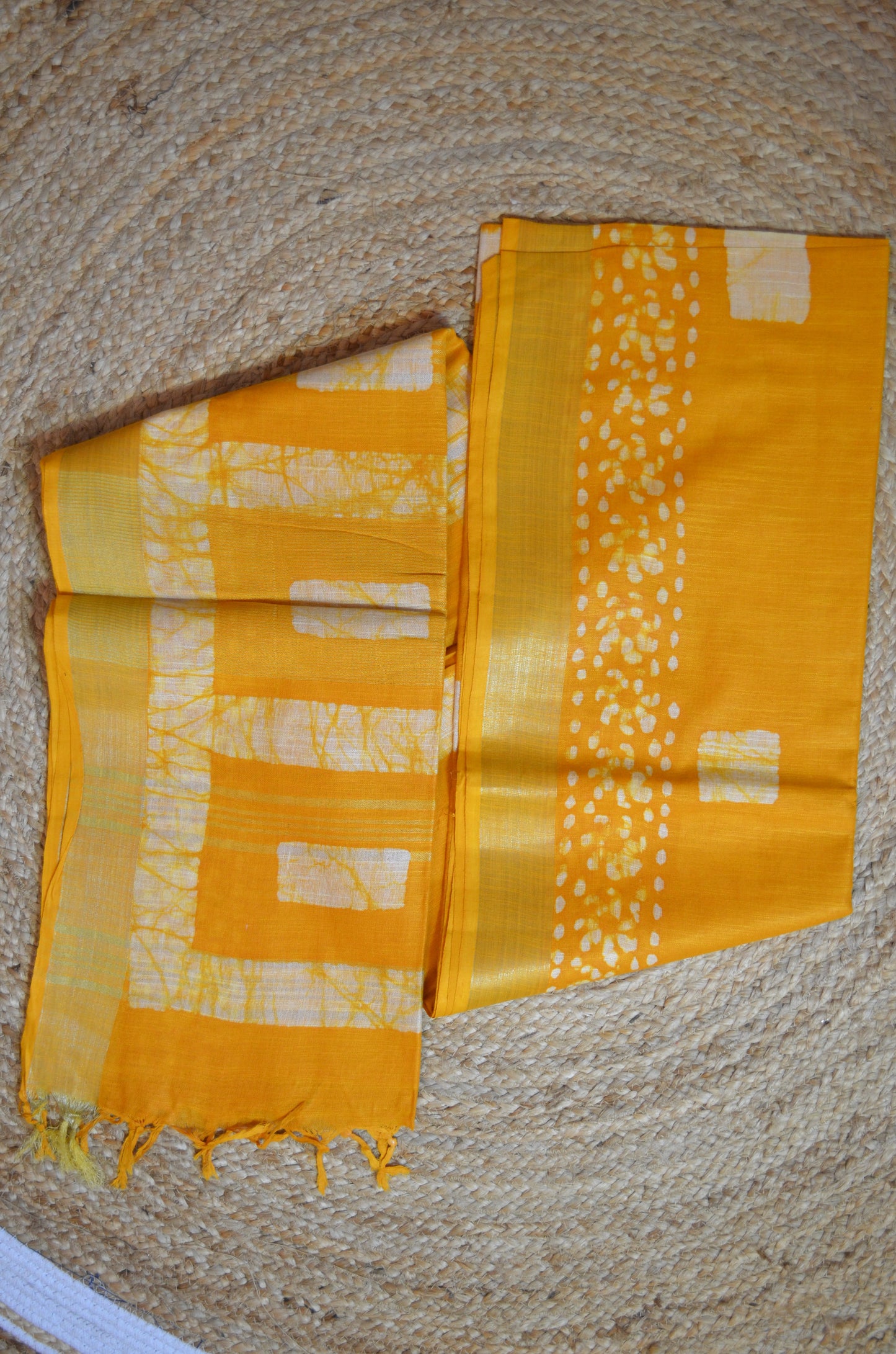 Yellow Bagru Linen Handloom Saree