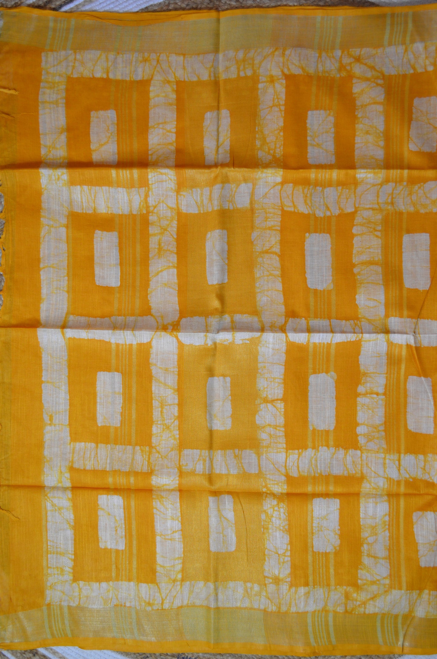 Yellow Bagru Linen Handloom Saree