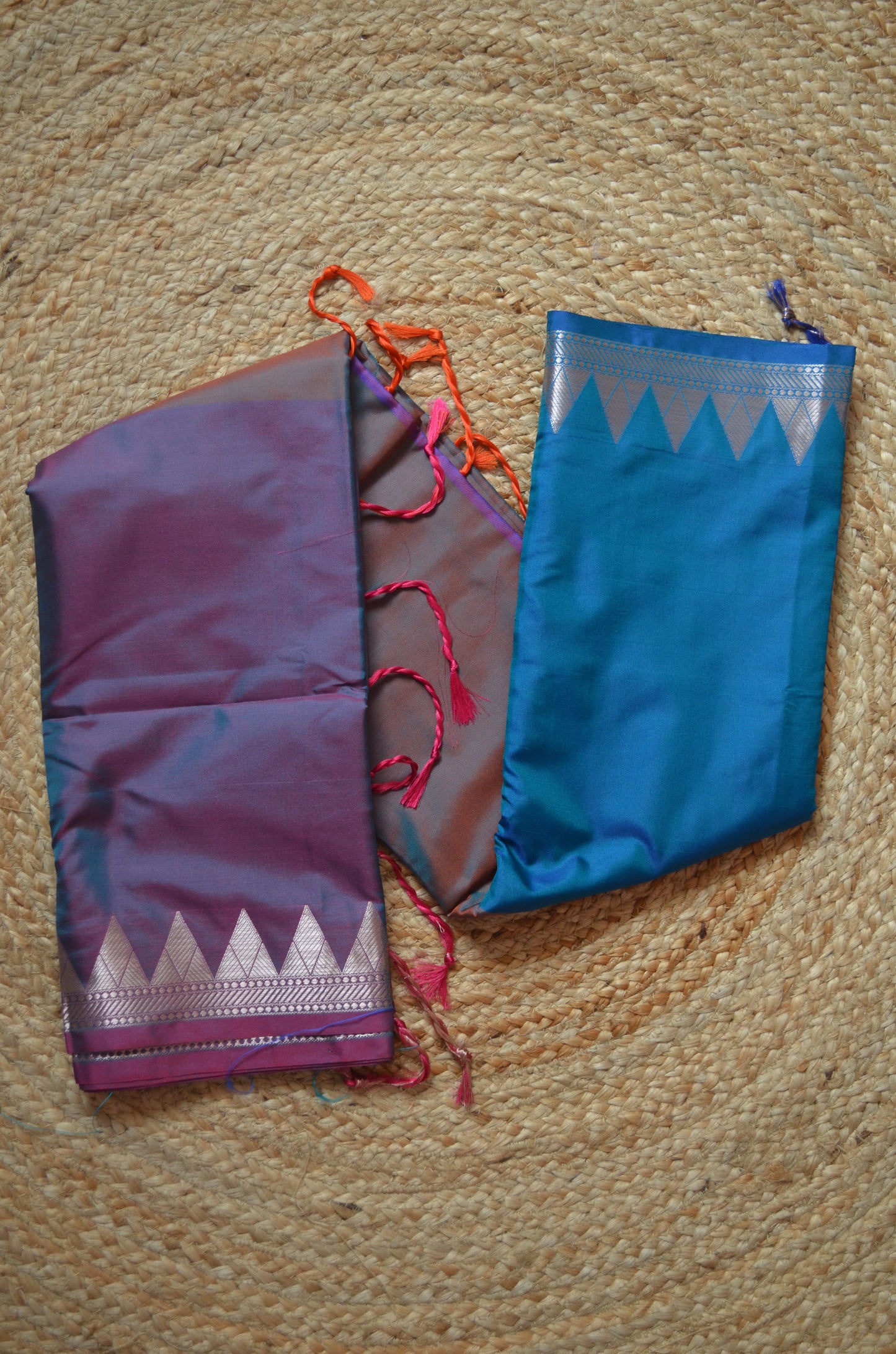 Teal Rust Magenta Katan Silk Saree