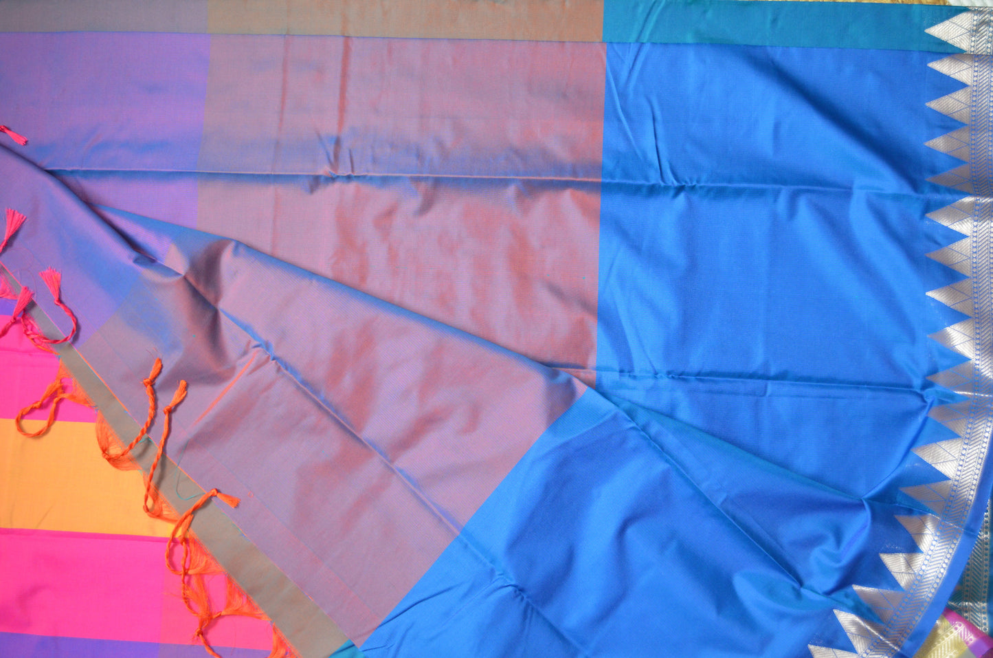 Teal Rust Magenta Katan Silk Saree