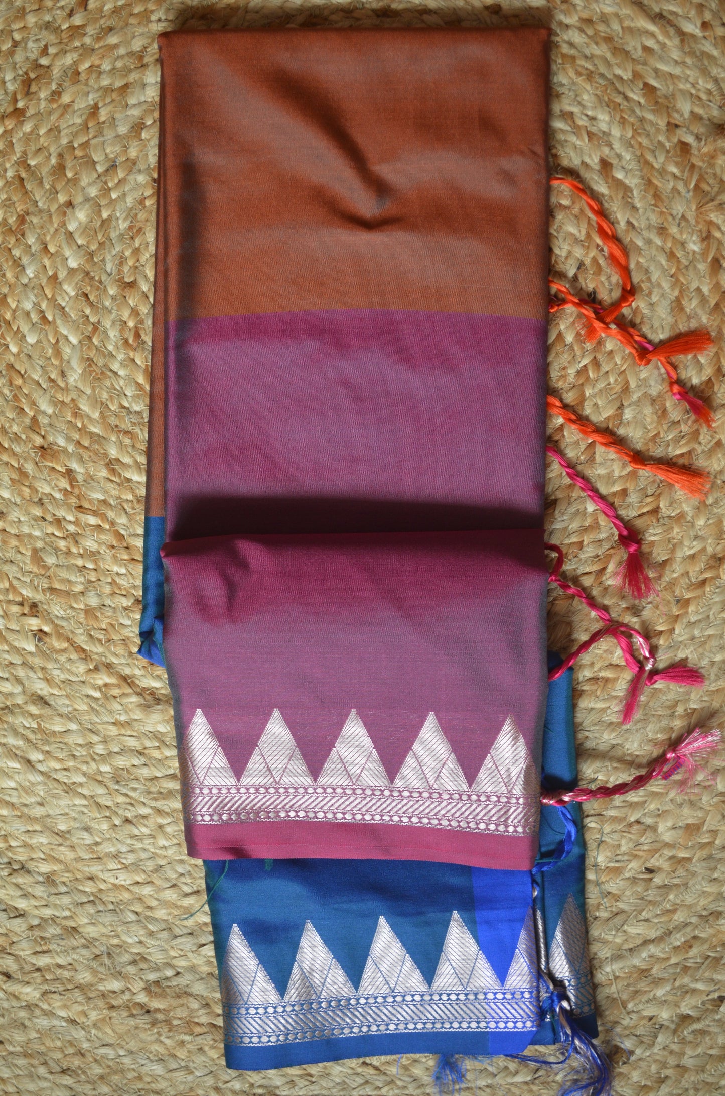 Cyan Rust Magenta Katan Silk Saree