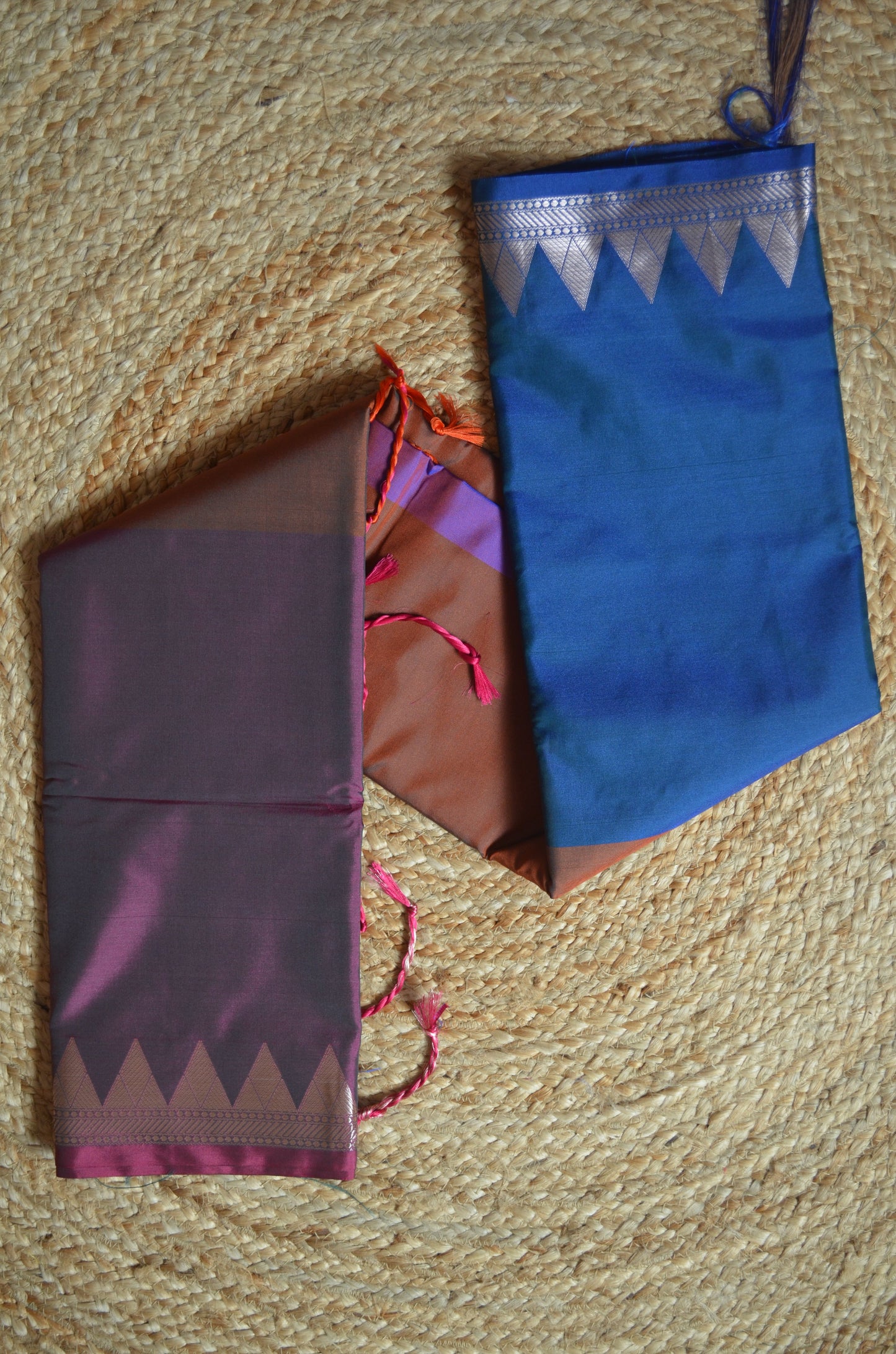 Cyan Rust Magenta Katan Silk Saree