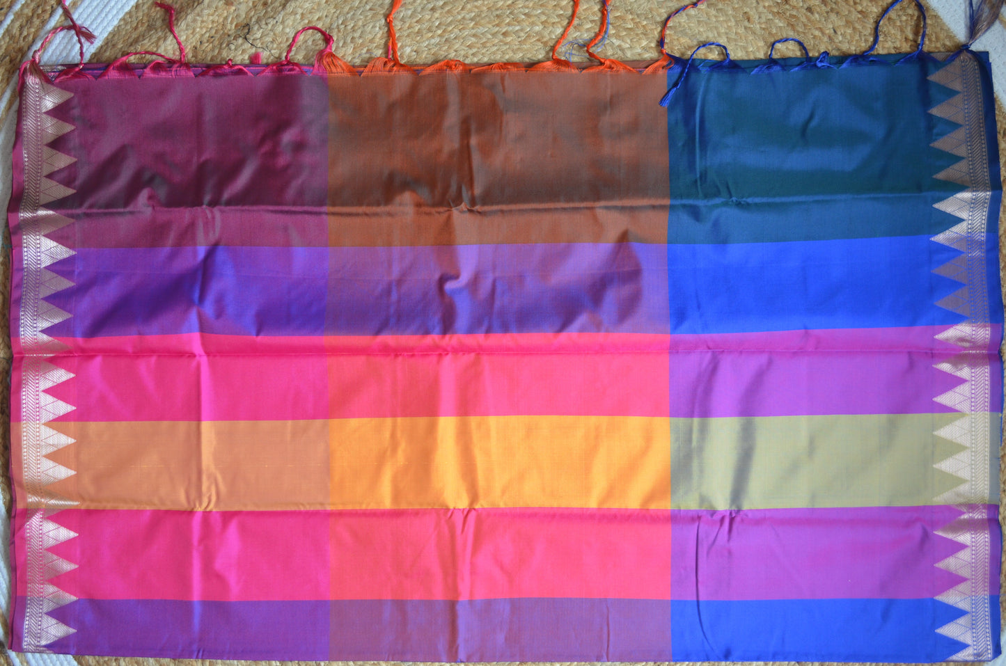 Cyan Rust Magenta Katan Silk Saree