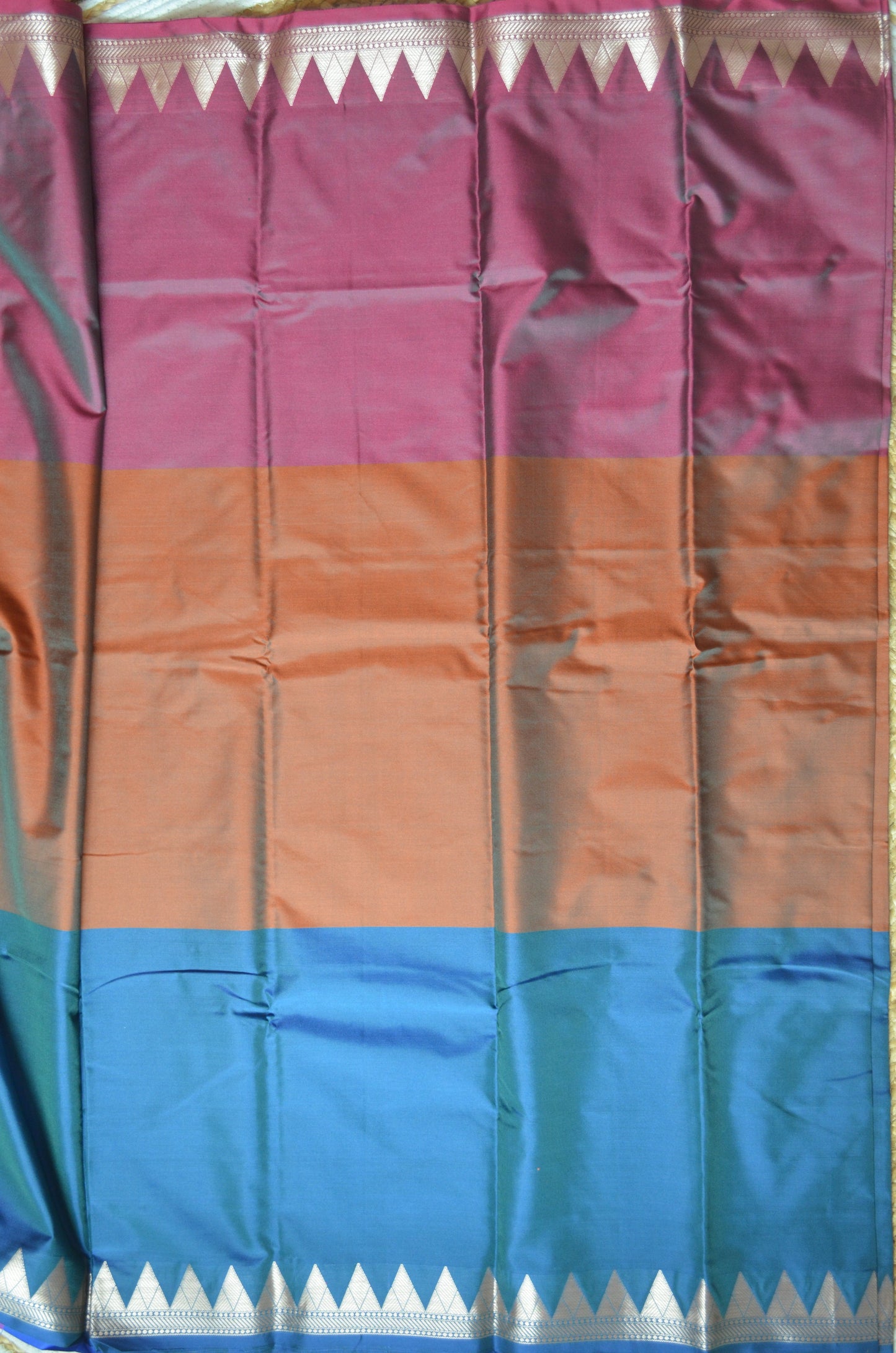 Cyan Rust Magenta Katan Silk Saree