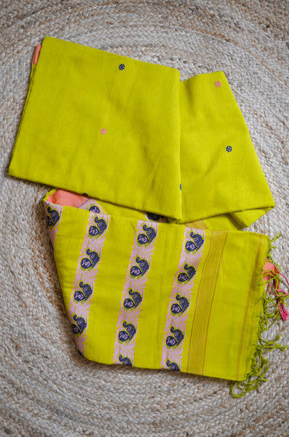 Lemon Buttery Mul Cotton Bengal Muslin Handloom Saree