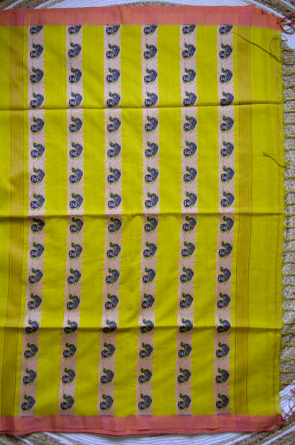 Lemon Buttery Mul Cotton Bengal Muslin Handloom Saree