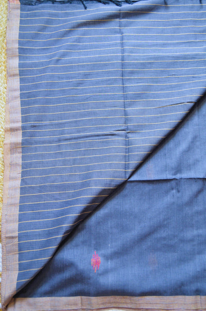 Steel Buttery Mul Cotton Bengal Muslin Ghicha Handloom Saree