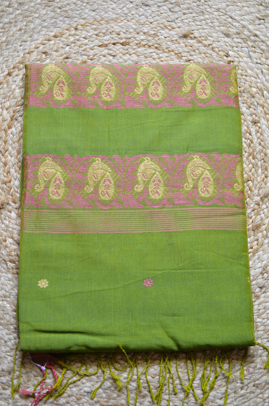 Mehndi Buttery Mul Cotton Bengal Muslin Handloom Saree