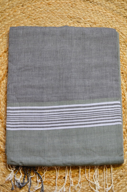 Olive Buttery Mul Cotton Bengal Muslin Handloom Saree
