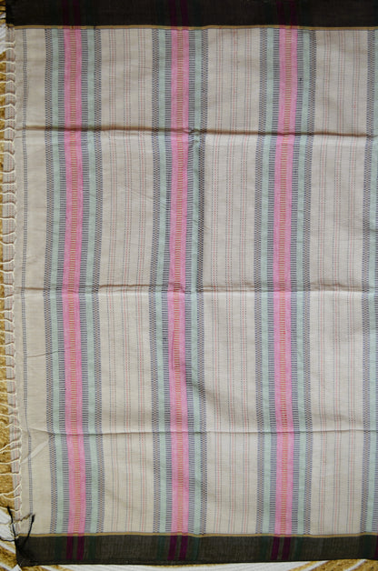 Beige Buttery Mul Cotton Bengal Muslin Kantha Handloom Saree