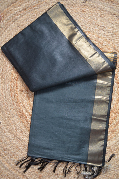 Black Vegan Tussar Silk Handloom Saree