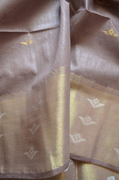 Brown Contemporary Zari Work Vegan Silk Handloom Saree