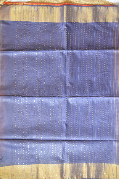 Rust Navy Tussar Vegan Silk Handloom Saree