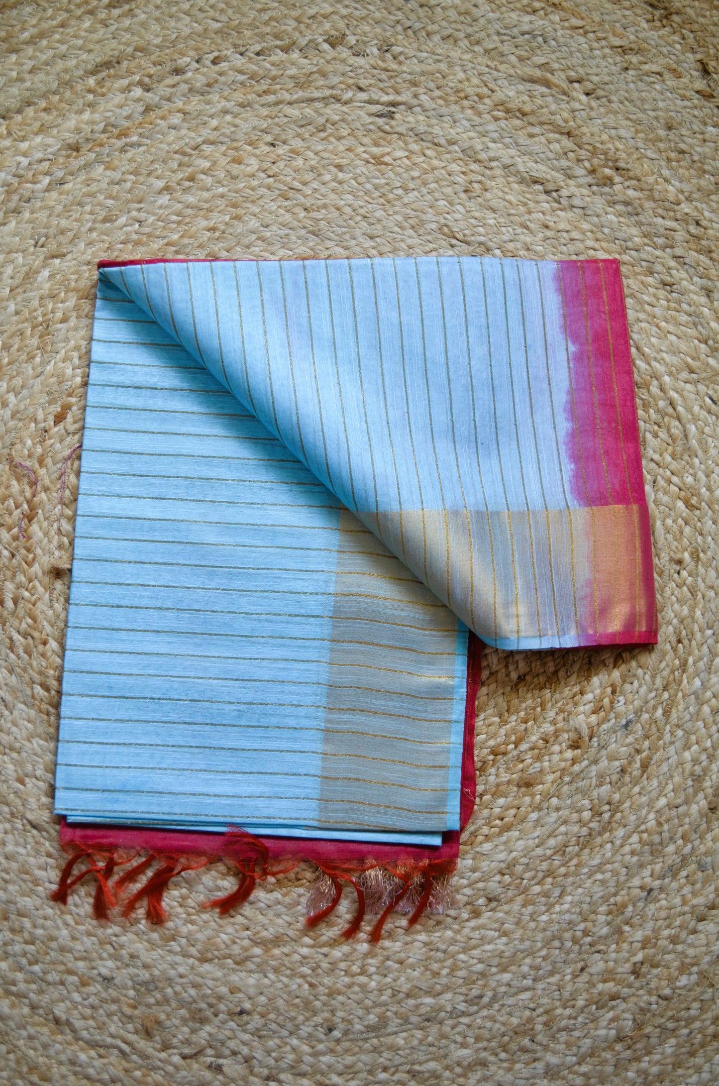 Blue Pink Tussar Vegan Silk Handloom Saree