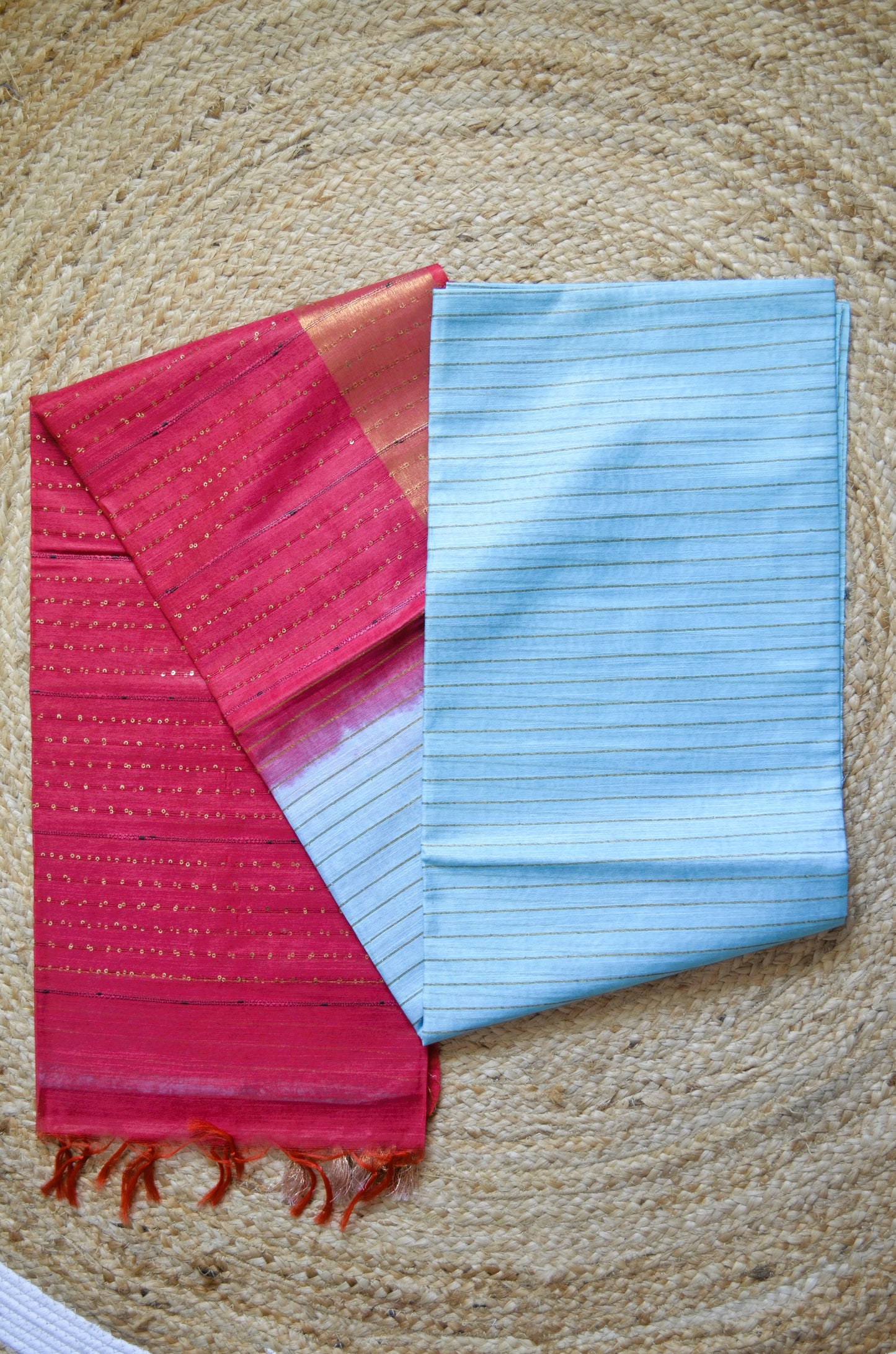 Blue Pink Tussar Vegan Silk Handloom Saree