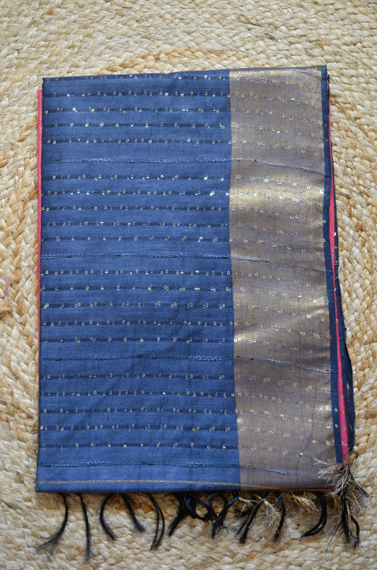 Pink Navy Tussar Vegan Silk Handloom Saree