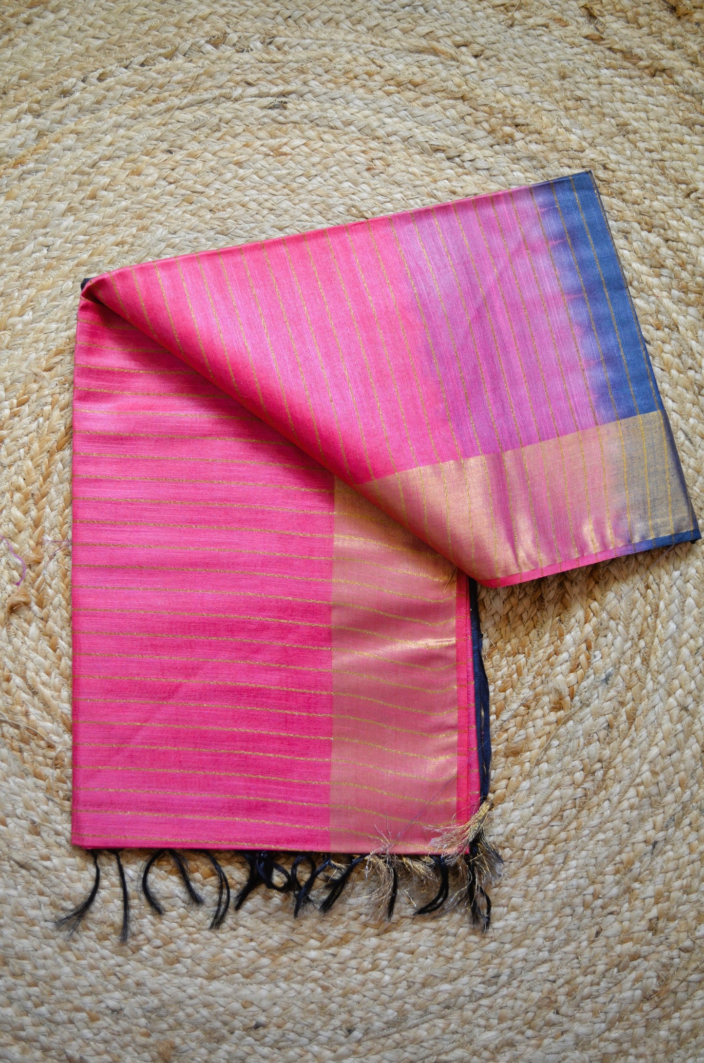 Pink Navy Tussar Vegan Silk Handloom Saree