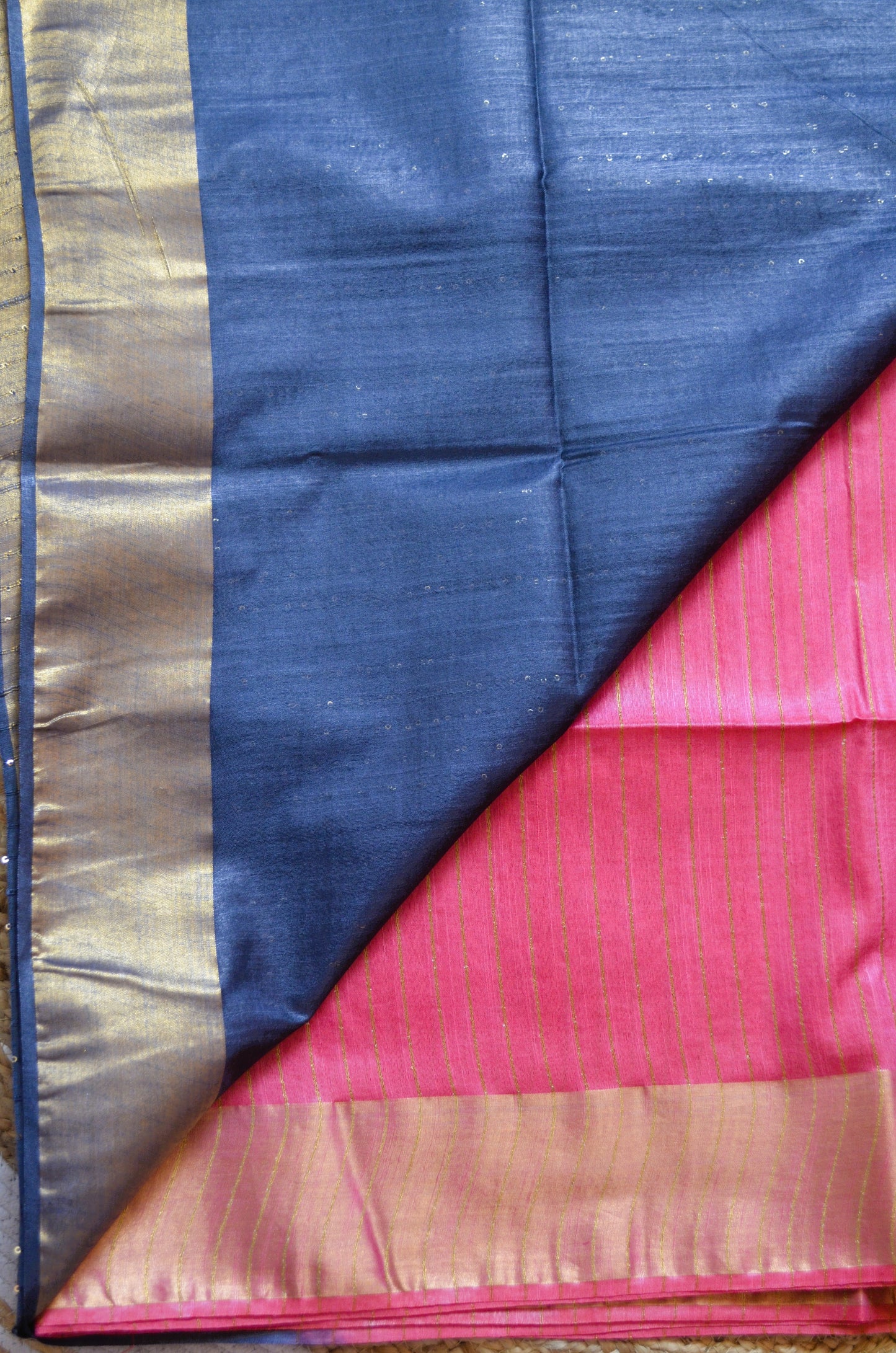 Pink Navy Tussar Vegan Silk Handloom Saree