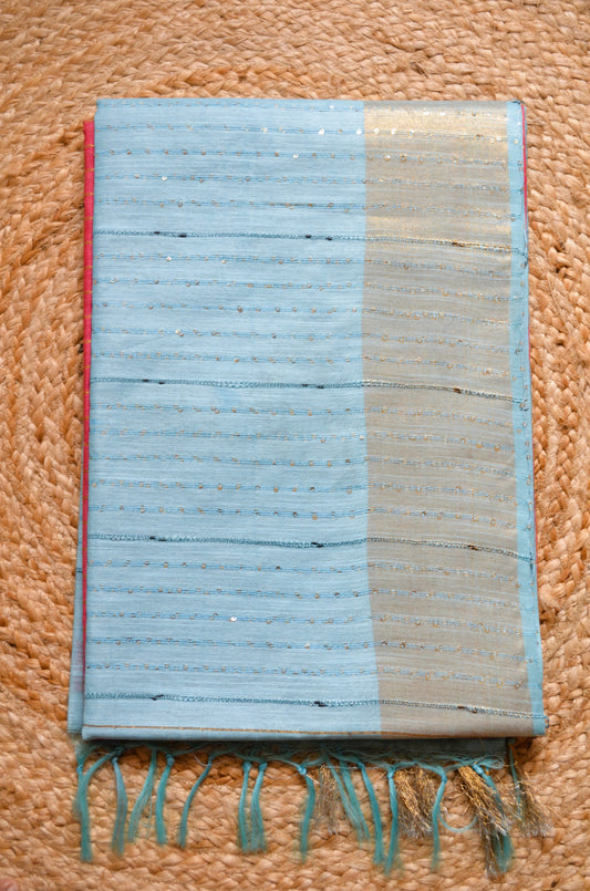 Pink Blue Tussar Vegan Silk Handloom Saree