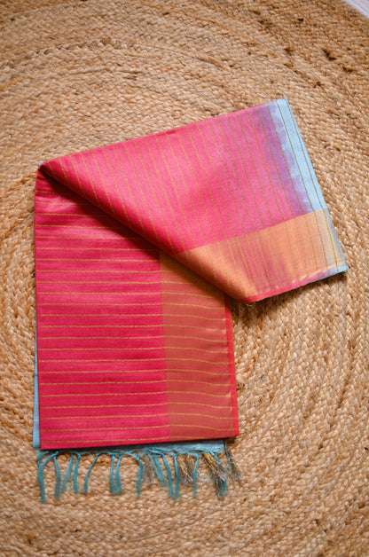 Pink Blue Tussar Vegan Silk Handloom Saree