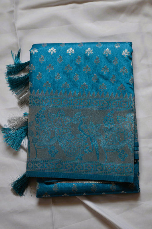 Cyan Banarasi Zari Velvet Silk Saree
