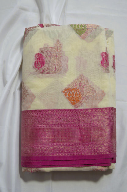 Off White Banarasi Silk Cotton Saree