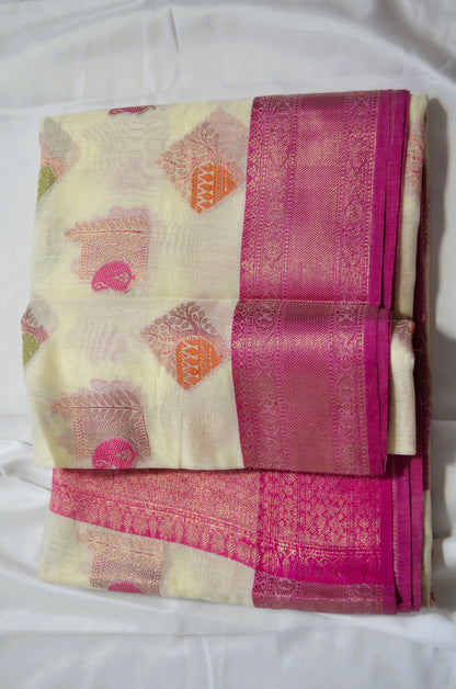 Off White Banarasi Silk Cotton Saree