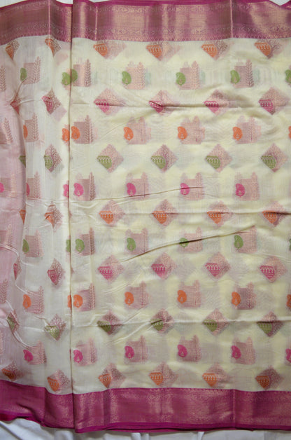 Off White Banarasi Silk Cotton Saree