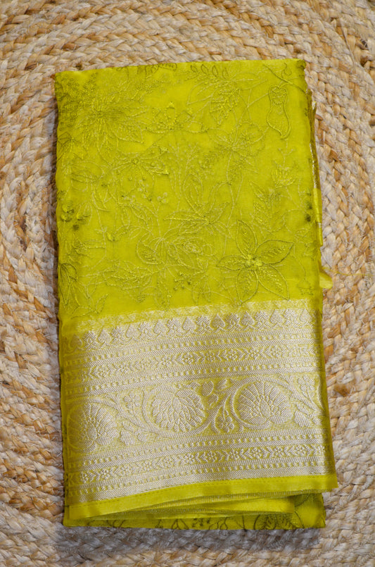 Lemon Embriodered Chikankari Saree