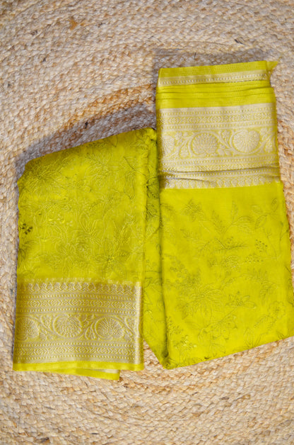 Lemon Embriodered Chikankari Saree