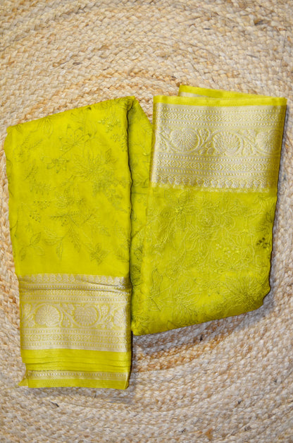 Lemon Embriodered Chikankari Saree