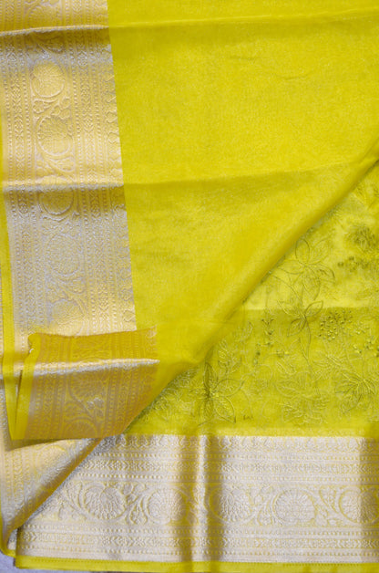 Lemon Embriodered Chikankari Saree