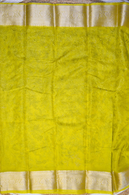 Lemon Embriodered Chikankari Saree