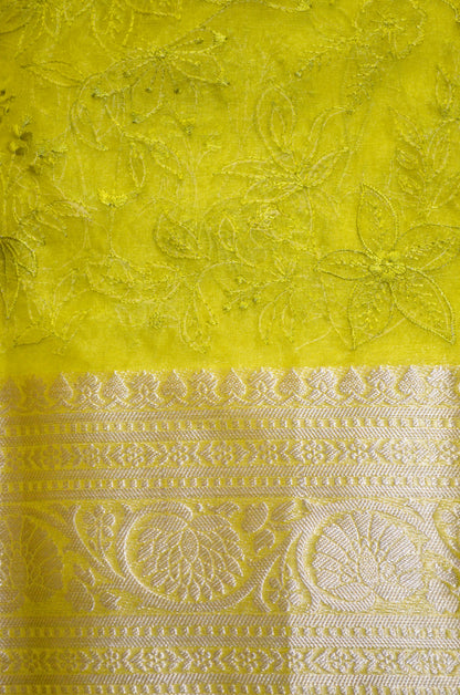 Lemon Embriodered Chikankari Saree