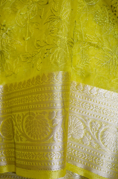 Lemon Embriodered Chikankari Saree