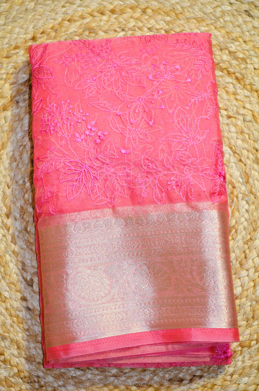 Pink Embriodered Chikankari Saree