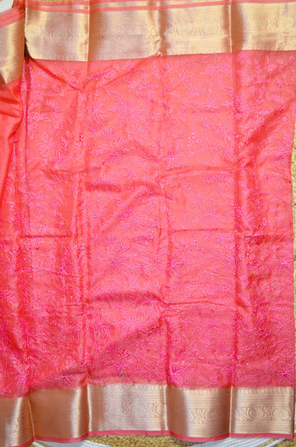 Pink Embriodered Chikankari Saree