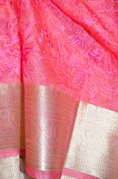Pink Embriodered Chikankari Saree