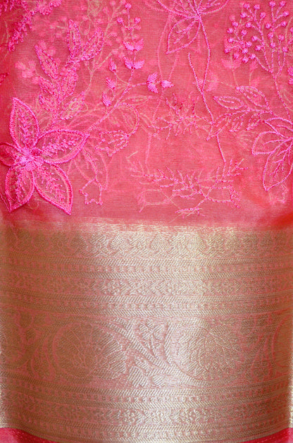 Pink Embriodered Chikankari Saree