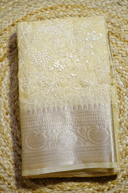 Beige Embriodered Chikankari Saree