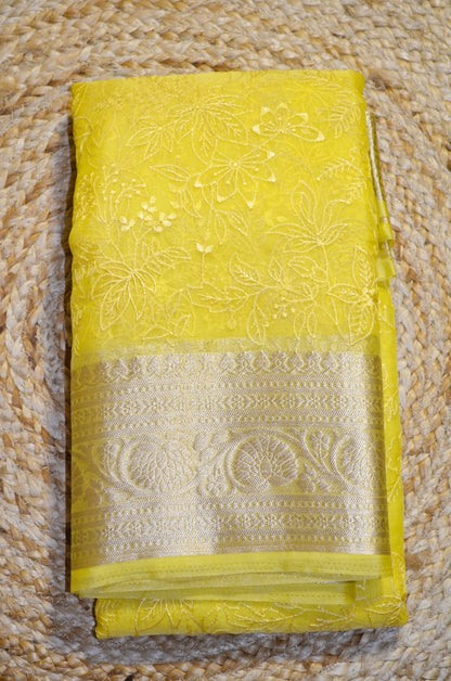 Yellow Embriodered Chikankari Saree