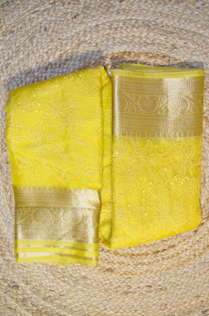 Yellow Embriodered Chikankari Saree
