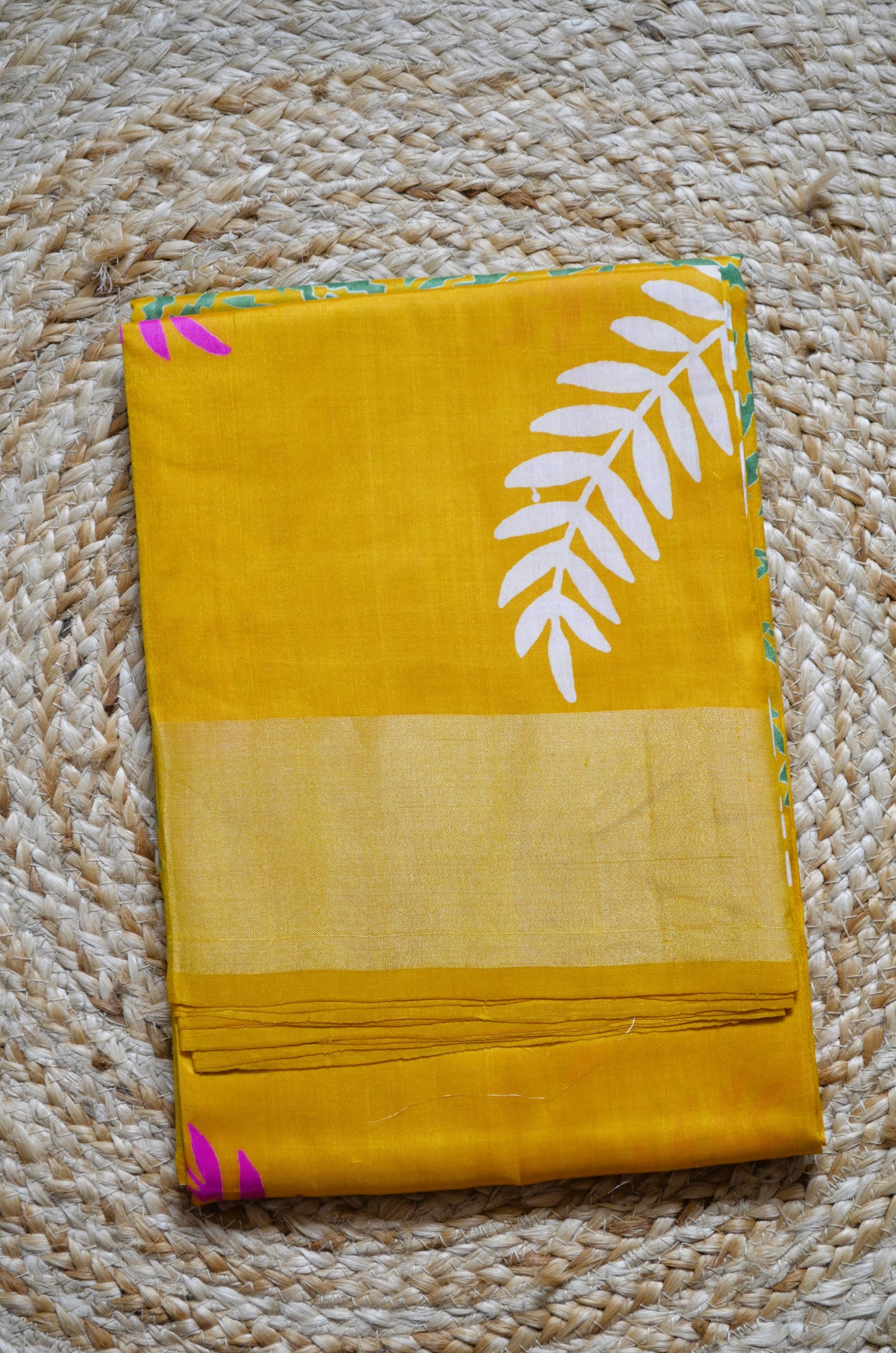 Yellow Katan Pure Silk Handloom Saree with Block Prints