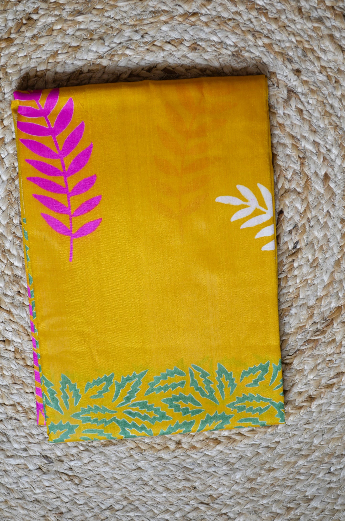 Yellow Katan Pure Silk Handloom Saree with Block Prints