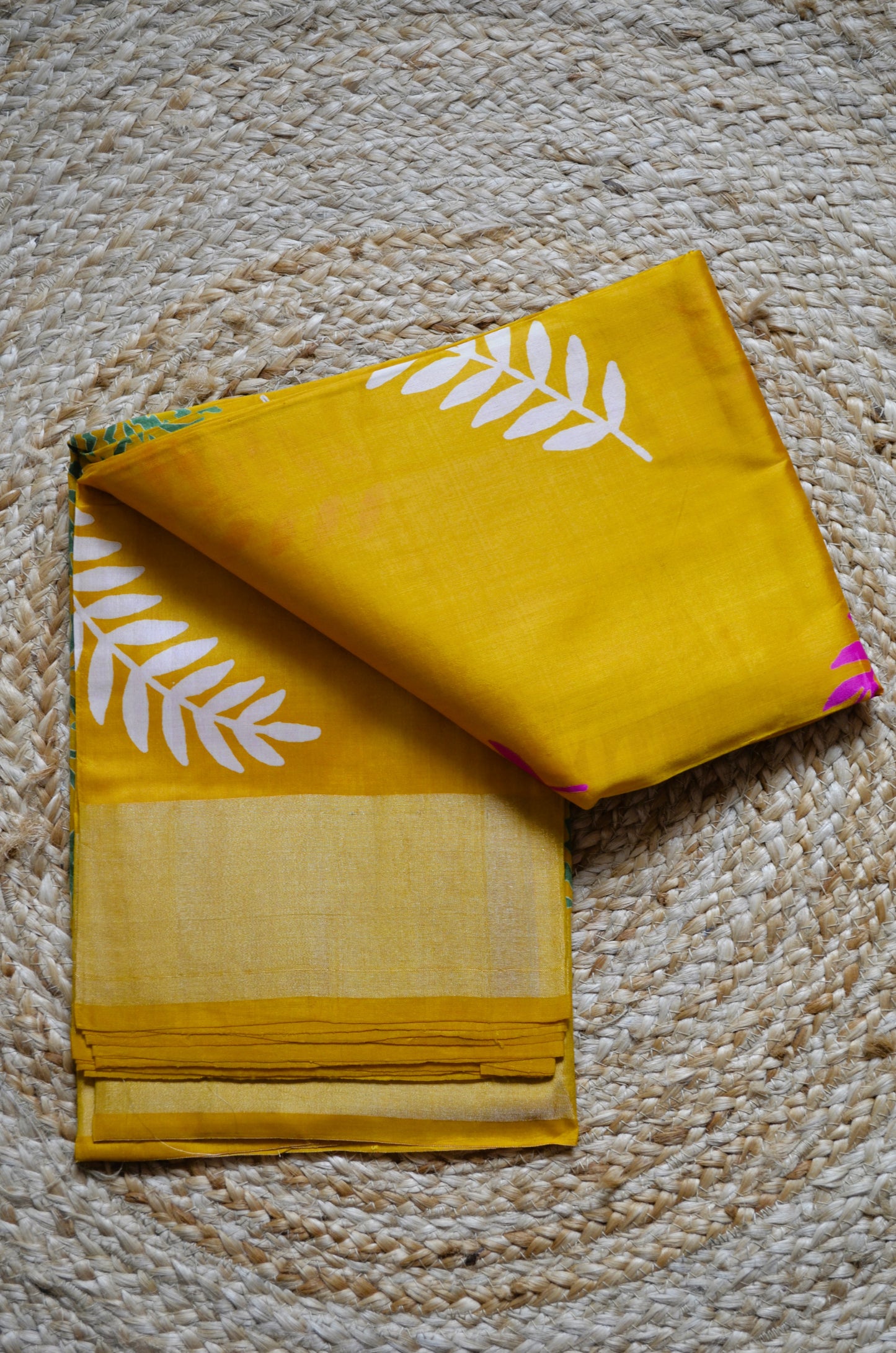 Yellow Katan Pure Silk Handloom Saree with Block Prints