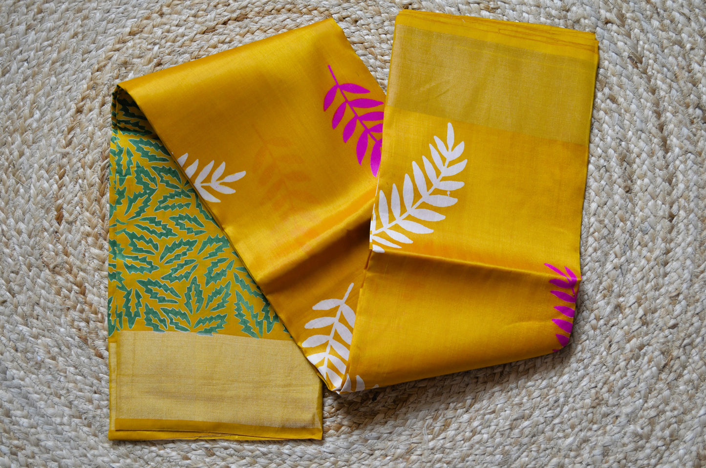 Yellow Katan Pure Silk Handloom Saree with Block Prints